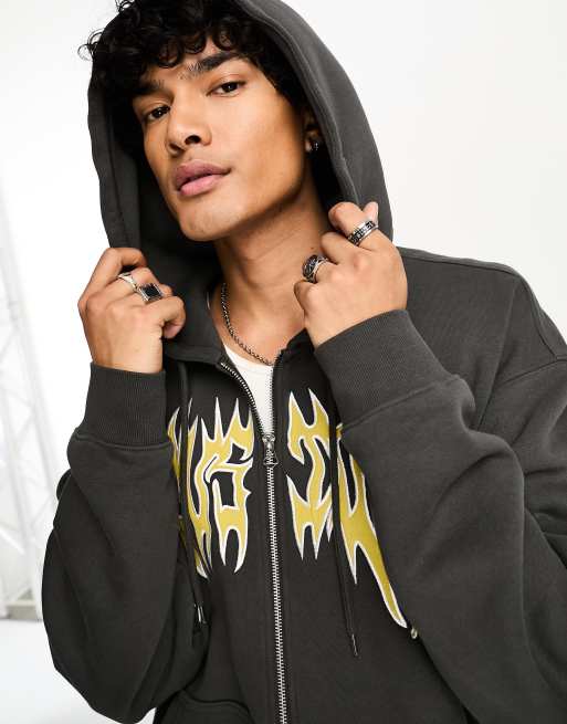 Weekday regular fit zip up hoodie with embroidery graphic in black