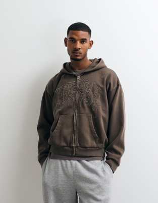 Weekday Oversized Zip Hoodie With Virtual Mission Graphic Embroidery In Brown