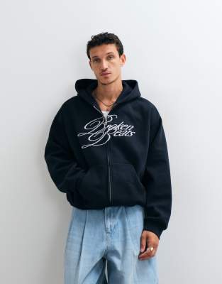Weekday oversized zip up hoodie with broken beats embroidery in