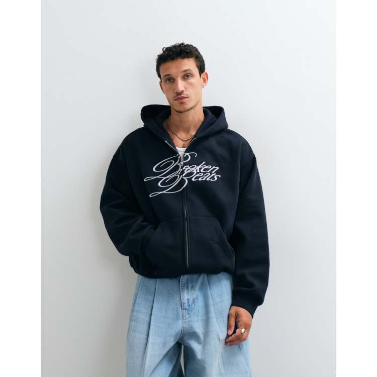 Weekday oversized zip up hoodie with broken beats embroidery in