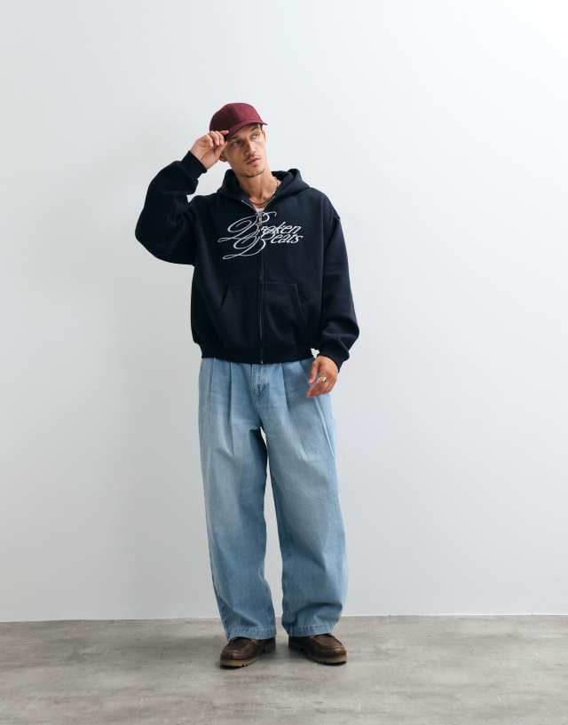 Weekday oversized zip up hoodie with broken beats embroidery in