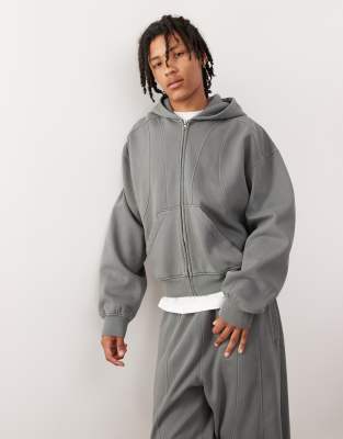 oversized zip up hoodie with exposed seam detail in dark gray - part of a set