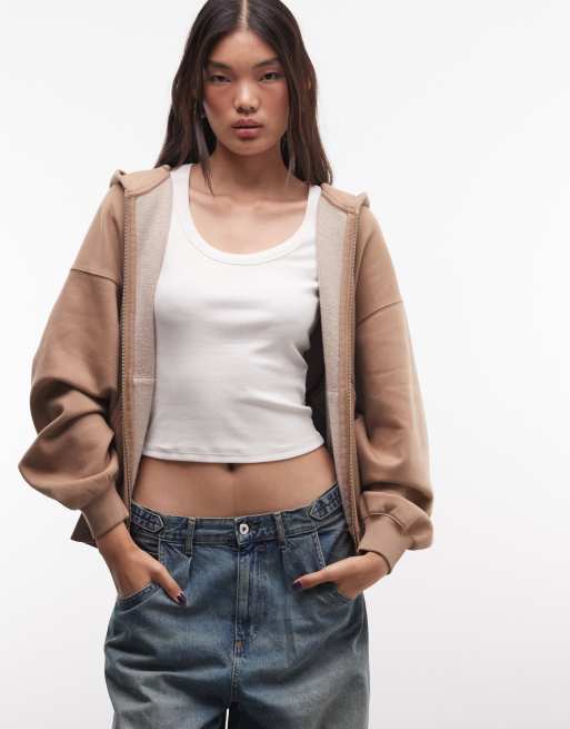 Weekday oversized zware jersey hoodie met rits in gewassen beige, 2 van 4