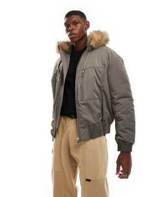 Weekday Padded Bomber Jacket With Faux Fur Hood In Khaki-green