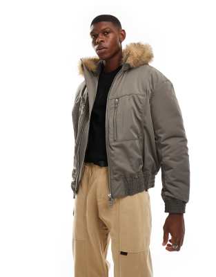 padded bomber jacket with faux fur hood in khaki-Green