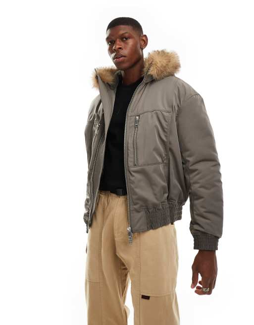 Weekday Padded Bomber Jacket with Faux Fur Hood in khaki Green