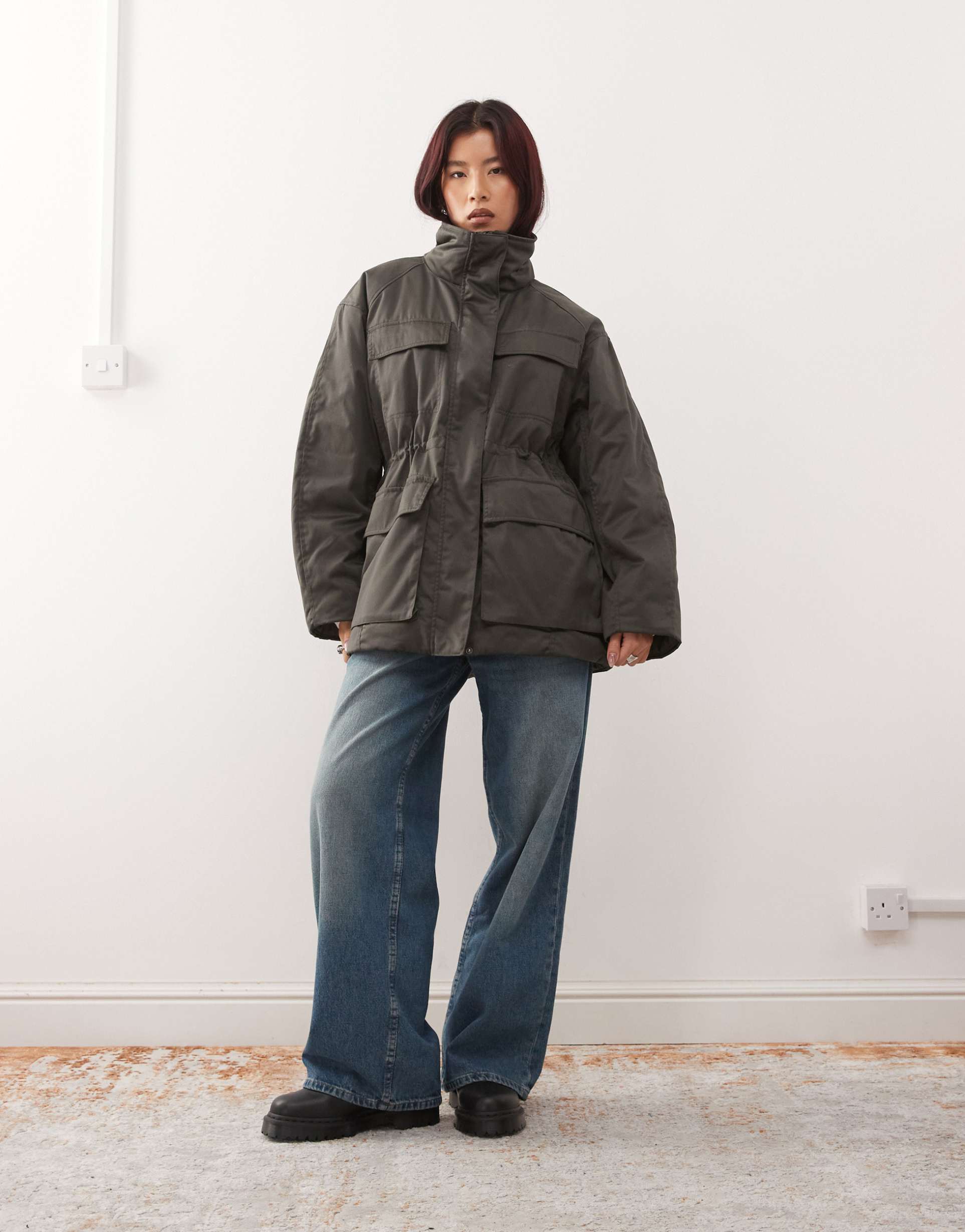 weekday padded jacket with cinched waist and utility pockets in dark gray