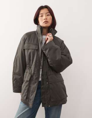 Weekday Padded Jacket With Cinched Waist And Utility Pockets In Gray