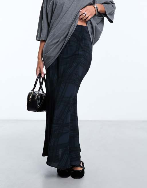 Weekday Paige wavy tartan mermaid midi skirt in black and navy