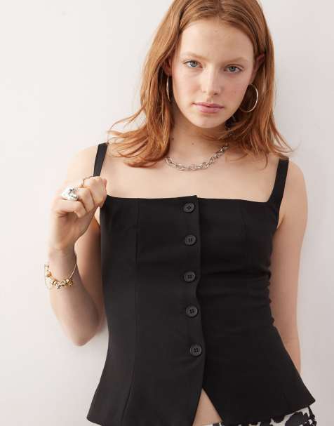 Weekday Panda square neck waistcoat top in black