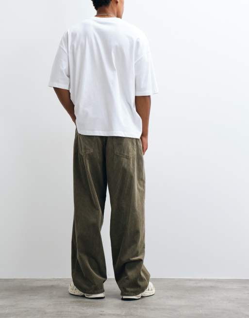 Weekday pantaloni a gamba larga in velluto a coste con piega frontale color kaki, 4 di 5
