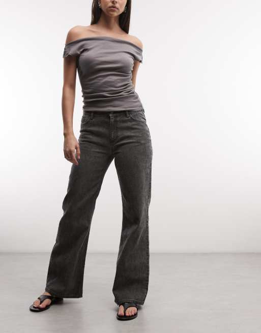 Weekday - Pantaloni a zampa con fondo ampio e dettagli testurizzati lavaggio grigio scuro, 1 di 5