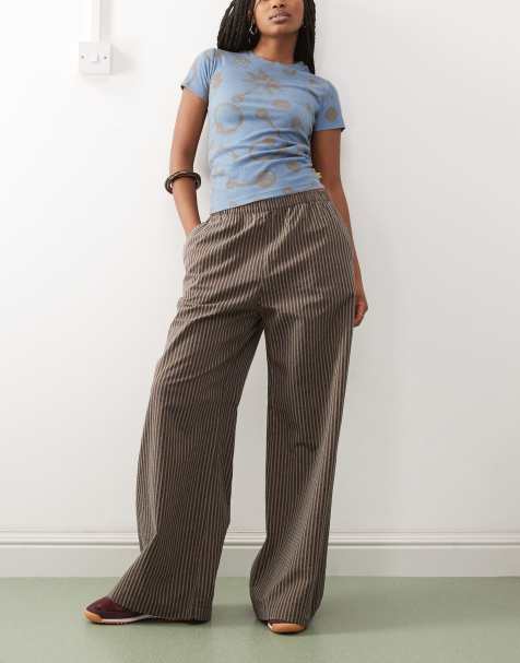 Weekday - Pantaloni con fondo ampio in cotone marrone a righe con coulisse - view 1