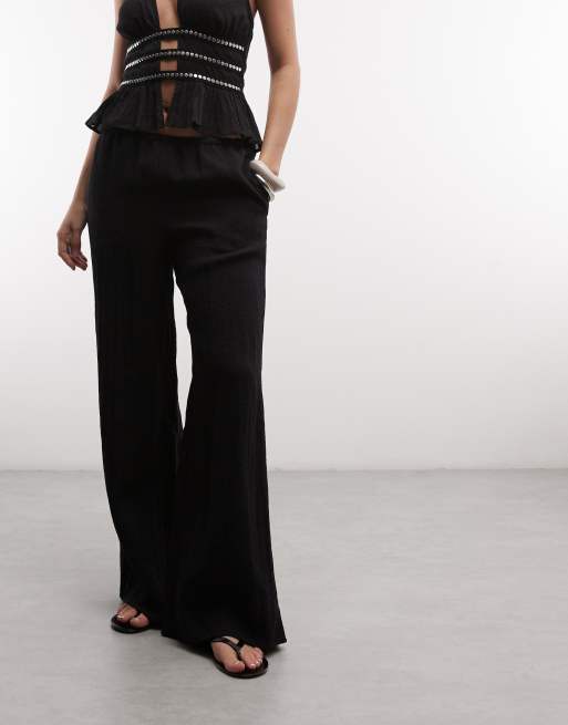Weekday - Pantaloni stropicciati a fondo ampio neri, 2 di 5