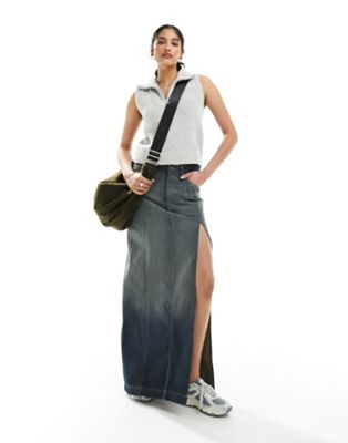 Weekday Park Denim Midi Skirt In Marsh Blue