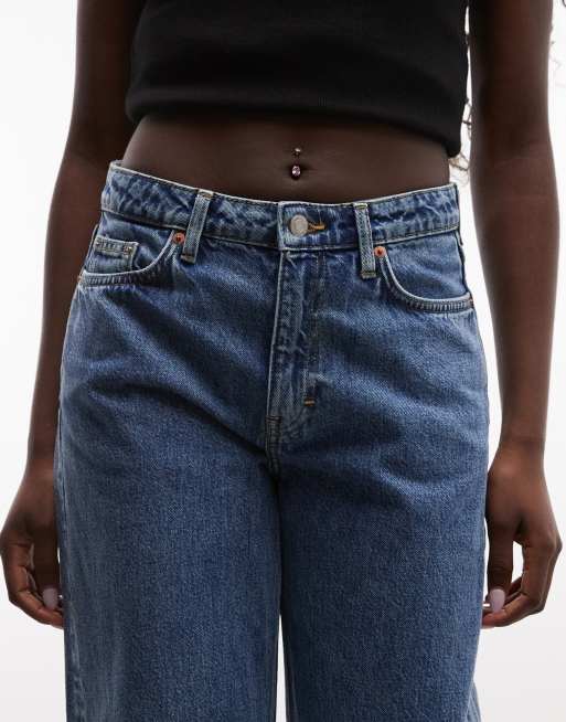 Weekday Paz jeans a gamba larga vita media blu, 5 di 5