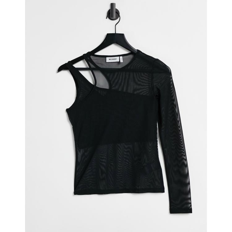 Weekday Paz long sleeve mesh top with cut outs in black