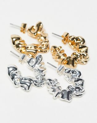 Weekday Pearl 2 pack hoop earrings in gold and silver