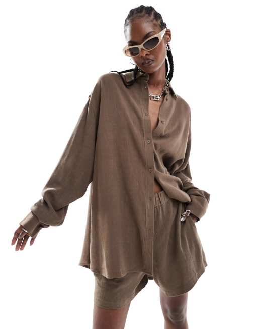 Weekday Perfect co-ord linen mix shirt in brown