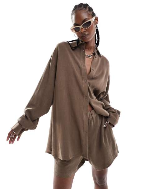 Weekday Perfect linen mix shirt in brown (part of a set) - view 1