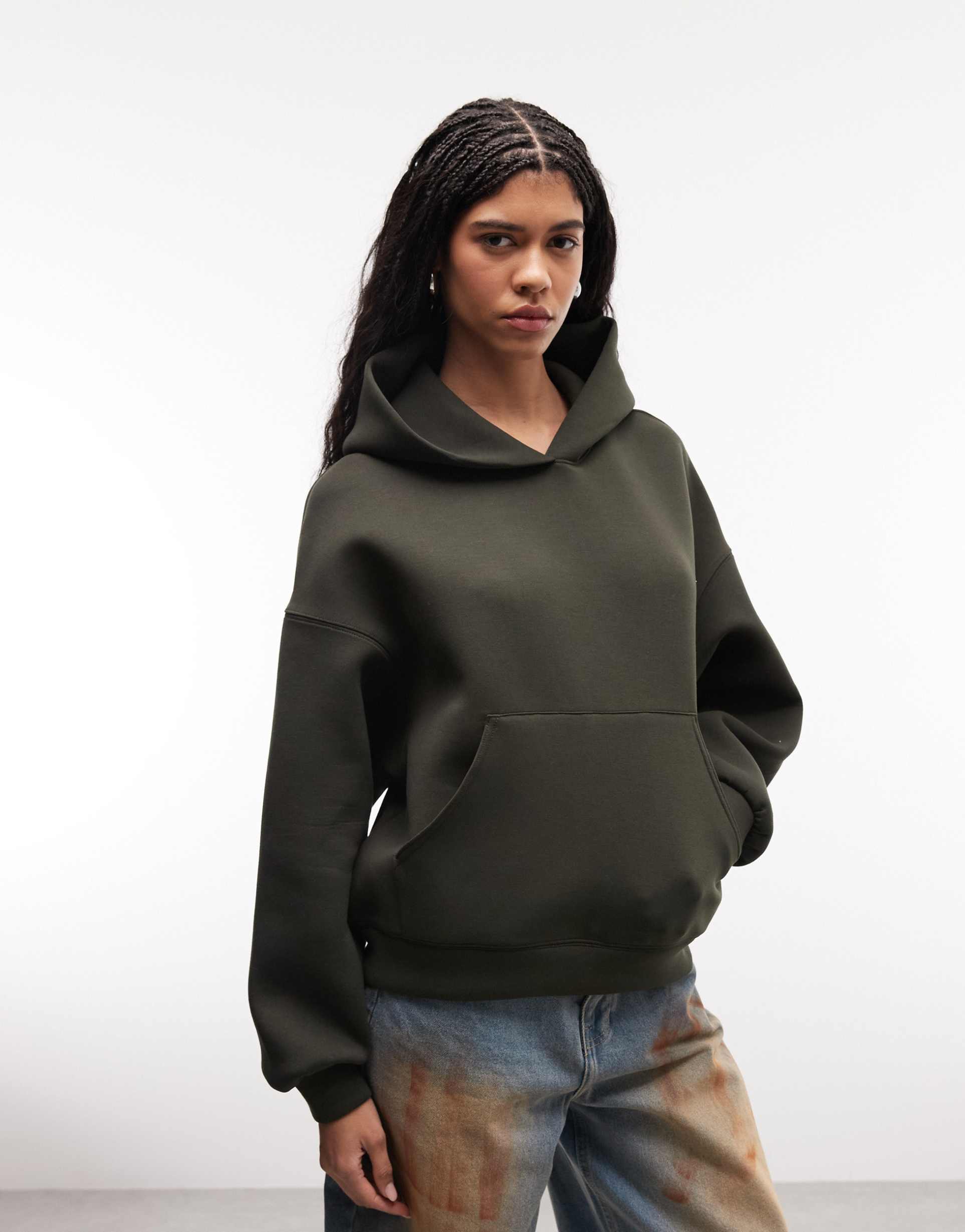 weekday petra oversized hoodie in dark green scuba-style fabric