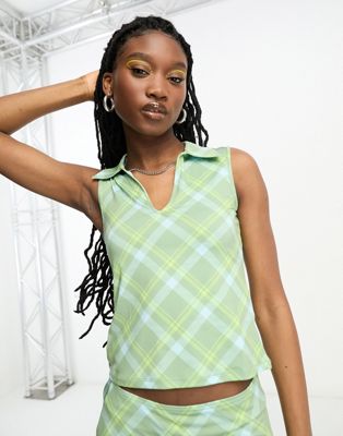 Weekday Phoebe co-ord sleeveless polo top in green and blue check pattern