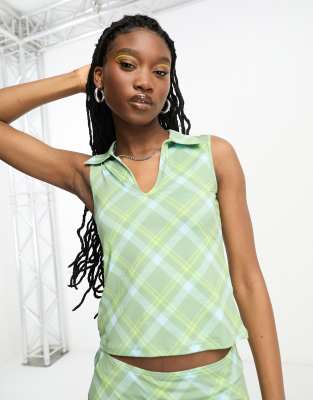 Weekday Phoebe Sleeveless Polo Top In Green And Blue Check Pattern - Part Of A Set