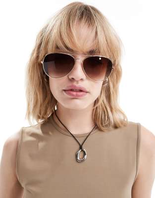 Weekday Pilot oversized aviator sunglasses with brown lens in gold