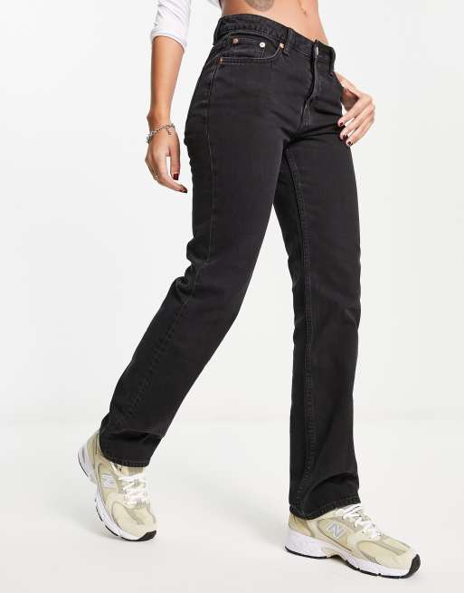 Black Mid Waisted Jeans Women's Straight Leg Jeans Fitness