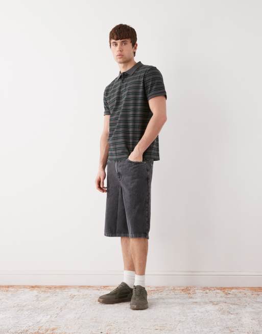 Weekday piqué polo t-shirt in gray and green stripes, 2 of 5