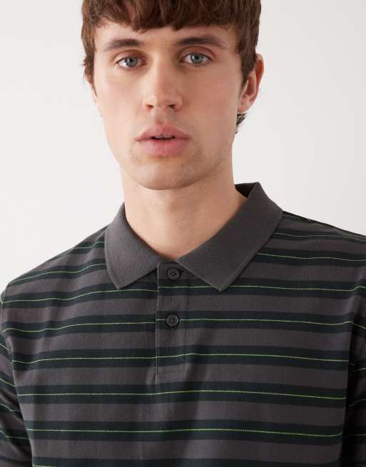 Weekday piqué polo t-shirt in gray and green stripes, 4 of 5