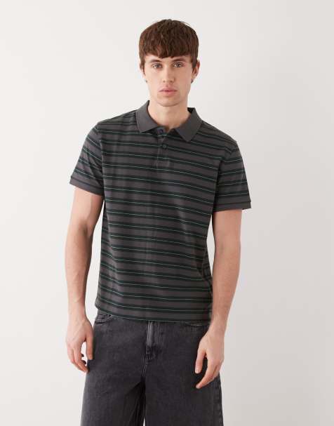 Weekday pique polo t-shirt in grey and green stripe