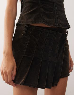 Weekday Pleated Front Velvet Mini Skirt In Brown