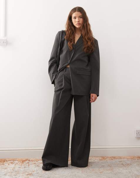 Weekday – Plissierte Oversize-Hose in Dunkelgrau meliert mit weitem Bein, Kombiteil - view 1