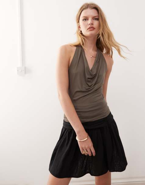 Weekday plunge drape front halter neck top with low back in dark mole - view 1