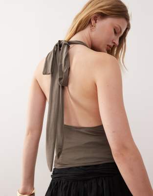 Weekday Plunge Drape Front Halter Neck Top With Low Back In Green