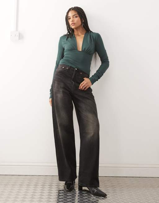 Weekday plunge long sleeve top in petrol green exclusive to ASOS, 4 of 4