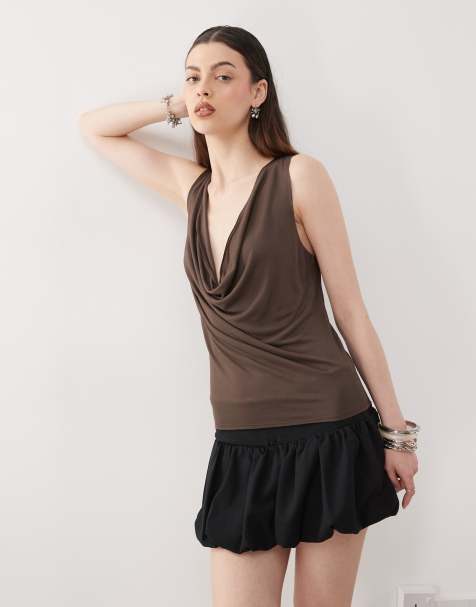 Weekday plunge neck drape top in dark brown - view 1
