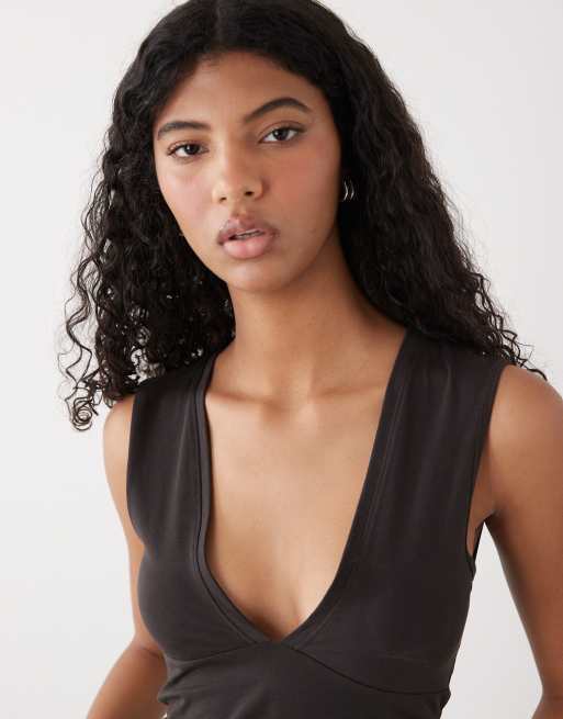 Weekday plunge v-neck top in dark brown