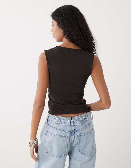 Weekday plunge v-neck top in dark brown