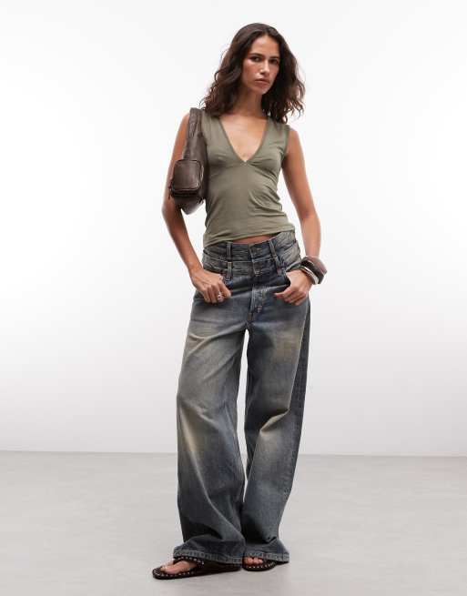 Weekday plunge v-neck top in khaki green, 4 of 4