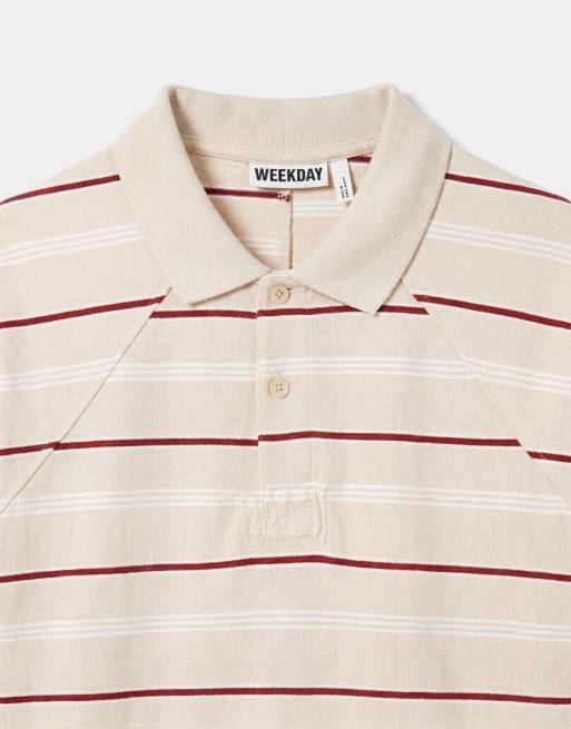 Weekday - Polo rojo y beis a rayas de corte cuadrado con detalle de costuras, 8 de 9