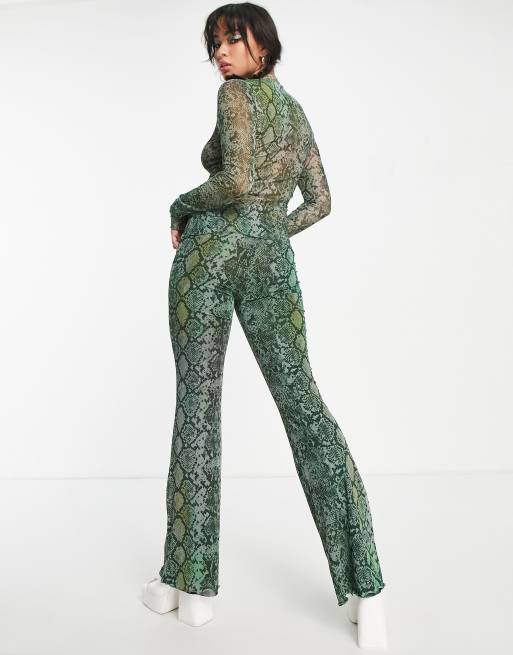 Weekday polyester flared pants in green snake print - part