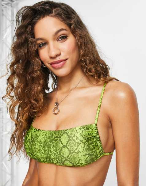 Weekday polyester strappy bandeau bikini top in green snake print - MGREEN - view 1