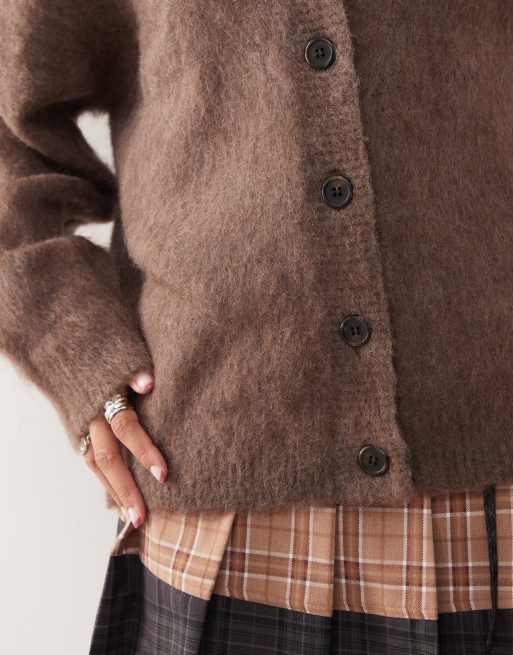 Weekday Premium - Cardigan in misto lana e mohair color talpa mélange, 3 di 4