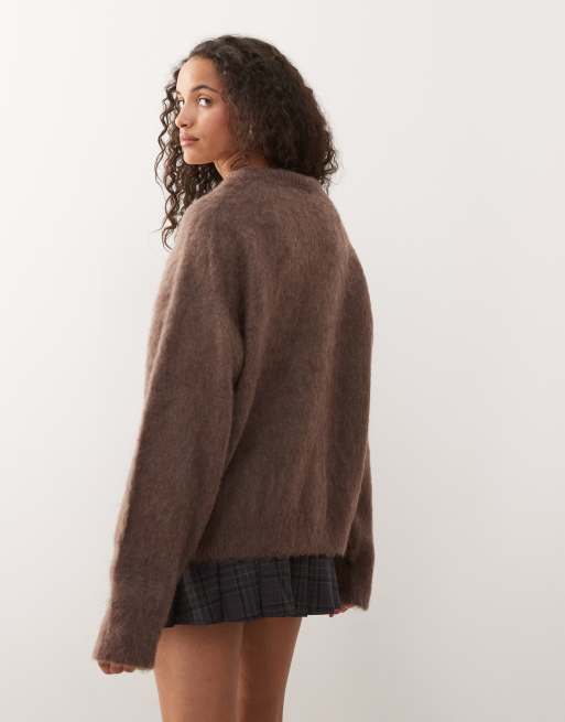 Weekday Premium - Cardigan in misto lana e mohair color talpa mélange, 4 di 4