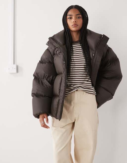 Weekday premium down puffer coat in dark brown, 3 of 4