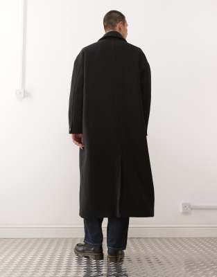 Weekday Premium Funnel Neck Wool Coat In Black