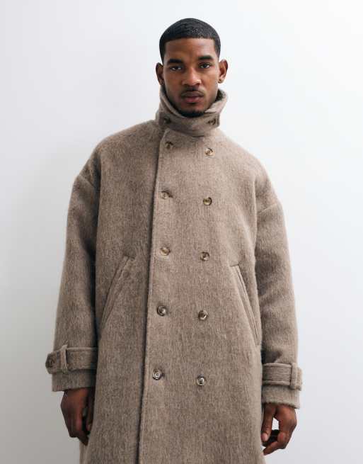 Weekday premium hairy wool & alpaca blend coat in mole melange, 4 of 5