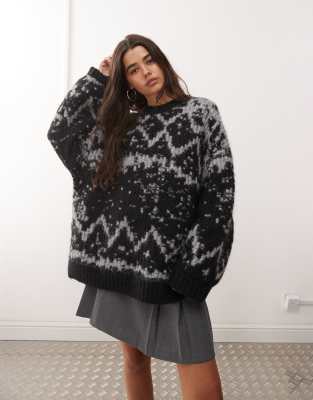 Weekday - Premium - Oversize-Norwegerpullover aus Wollmix in grau meliert und Schwarz